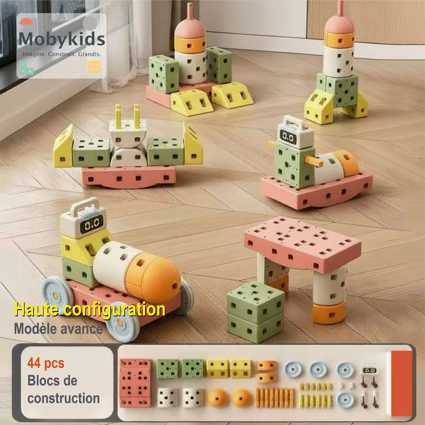 Mobykids® – Pack 44 Blocs Haut de Gamme Modèle Avancée  (avec bloc musical) | L’aventure sensorielle et créative